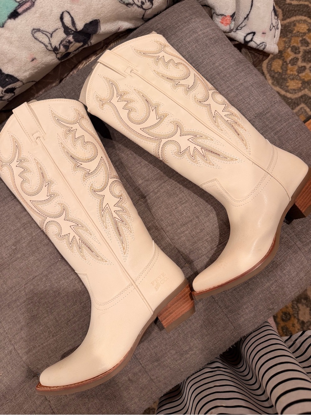 FRYE AND CO. Cream Embroidered Western Knee Boots